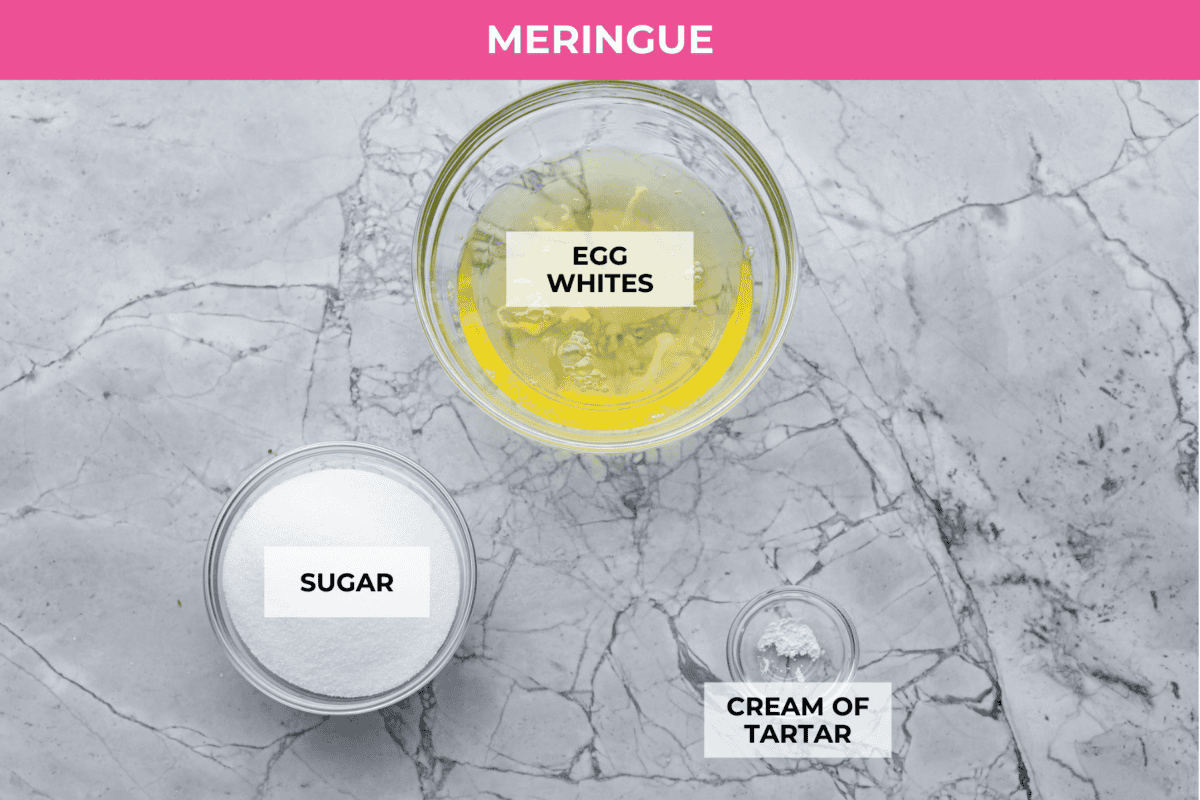 Overhead shot of labeled meringue ingredients. 