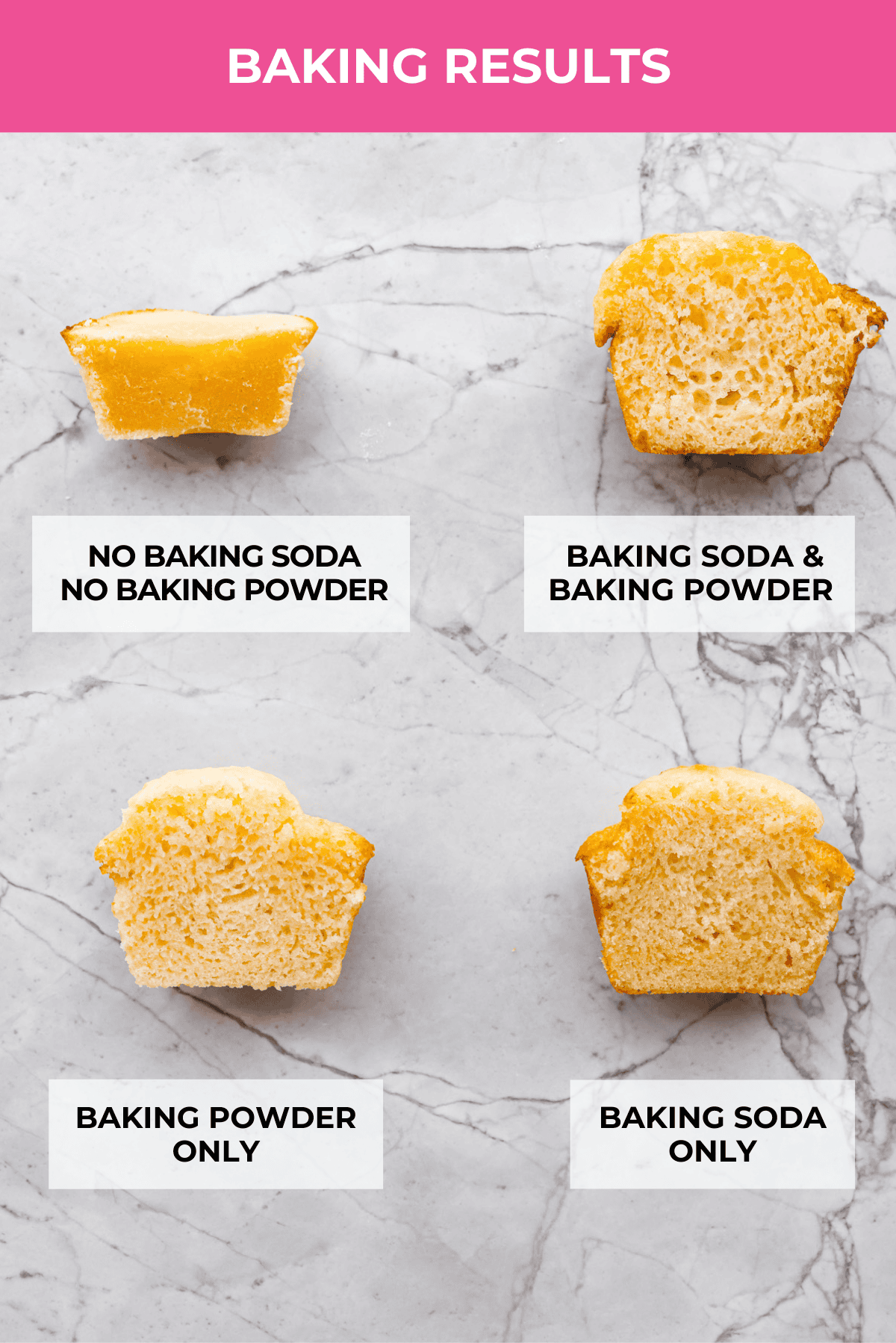 Muffin baking results of using baking soda and baking powder.