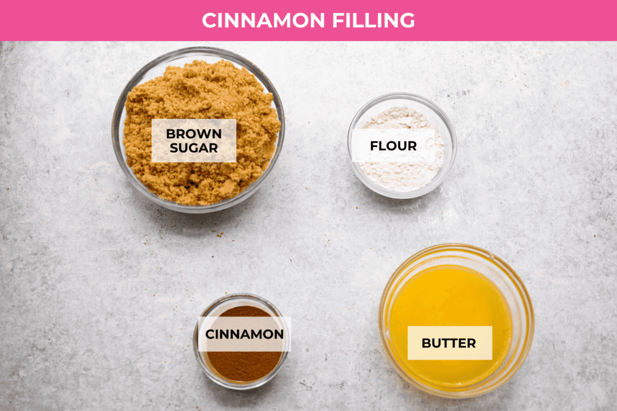 Overhead shot of labeled cinnamon filling ingredients. 