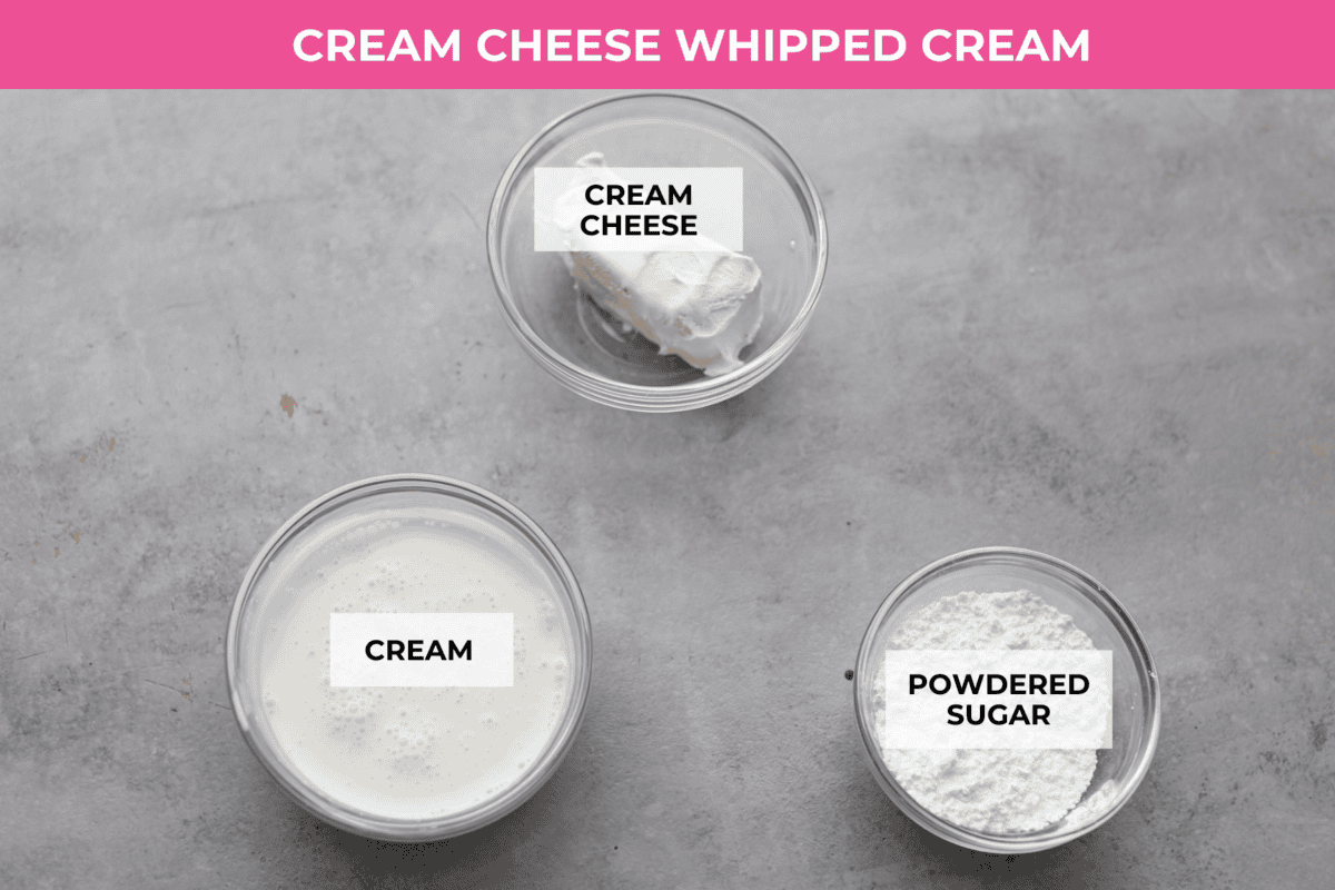 Overhead shot of labeled cream cheese whipped cream ingredients, 