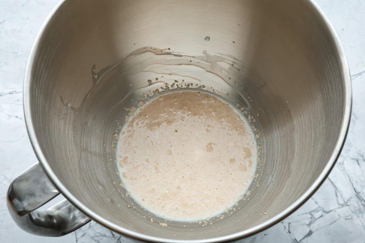 Overhead shot of yeast mixture in bow. 