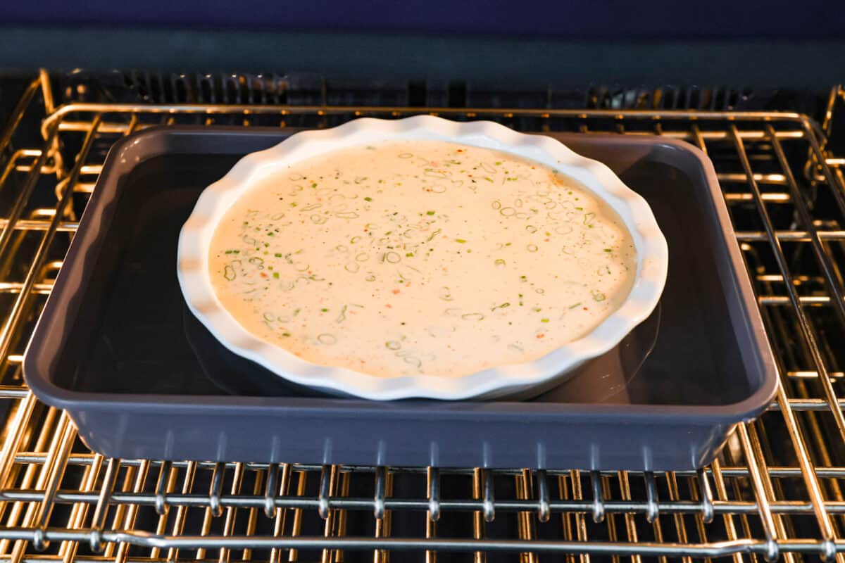 The crustless quiche set into a water bath.