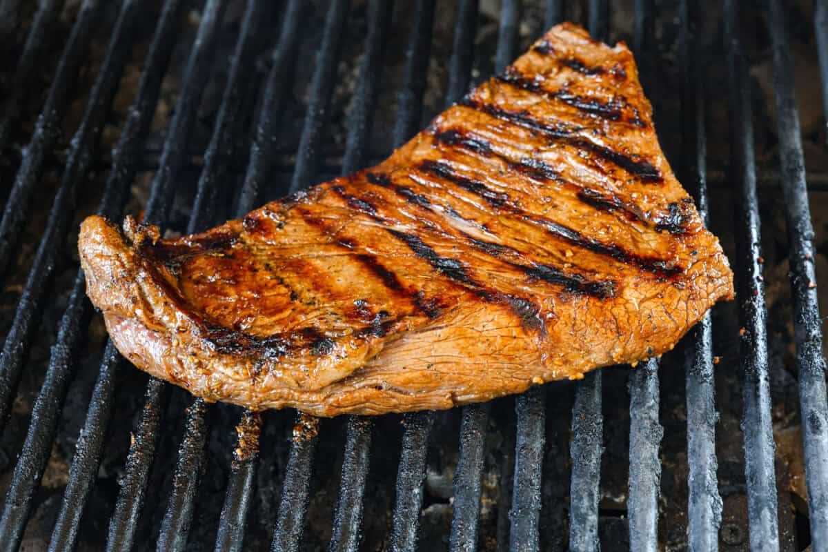 Angle shot of grilled tri-tip. 