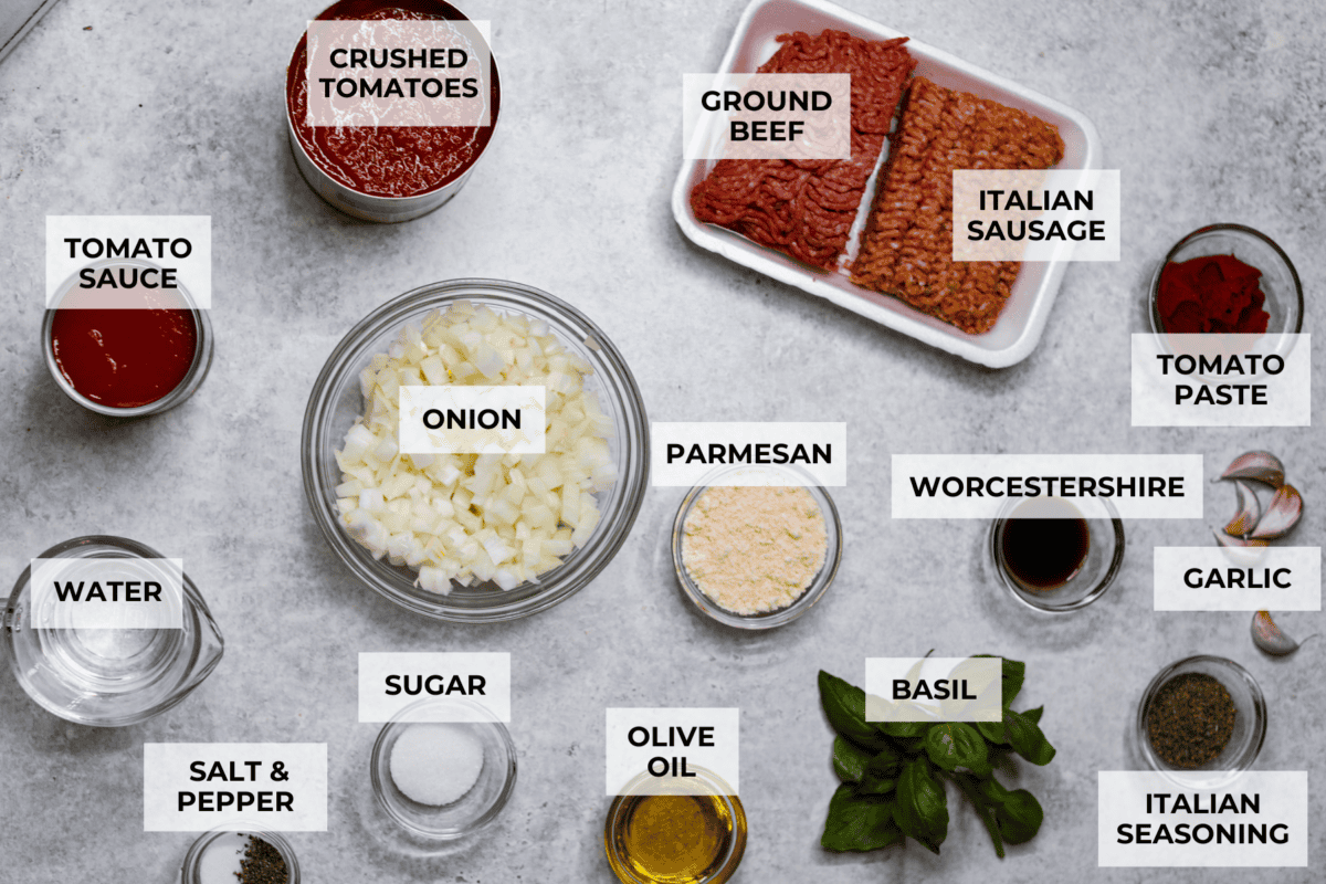 Ingredients labeled to make homemade spaghetti sauce. 