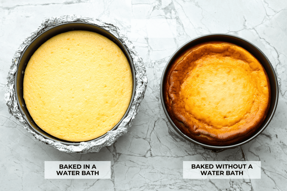 Top view of a cheesecake baked in a water bath and a cheesecake baked without a water bath.