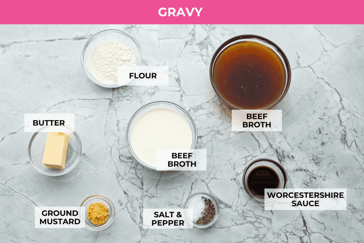 Overhead shot of labeled gravy ingredients. 