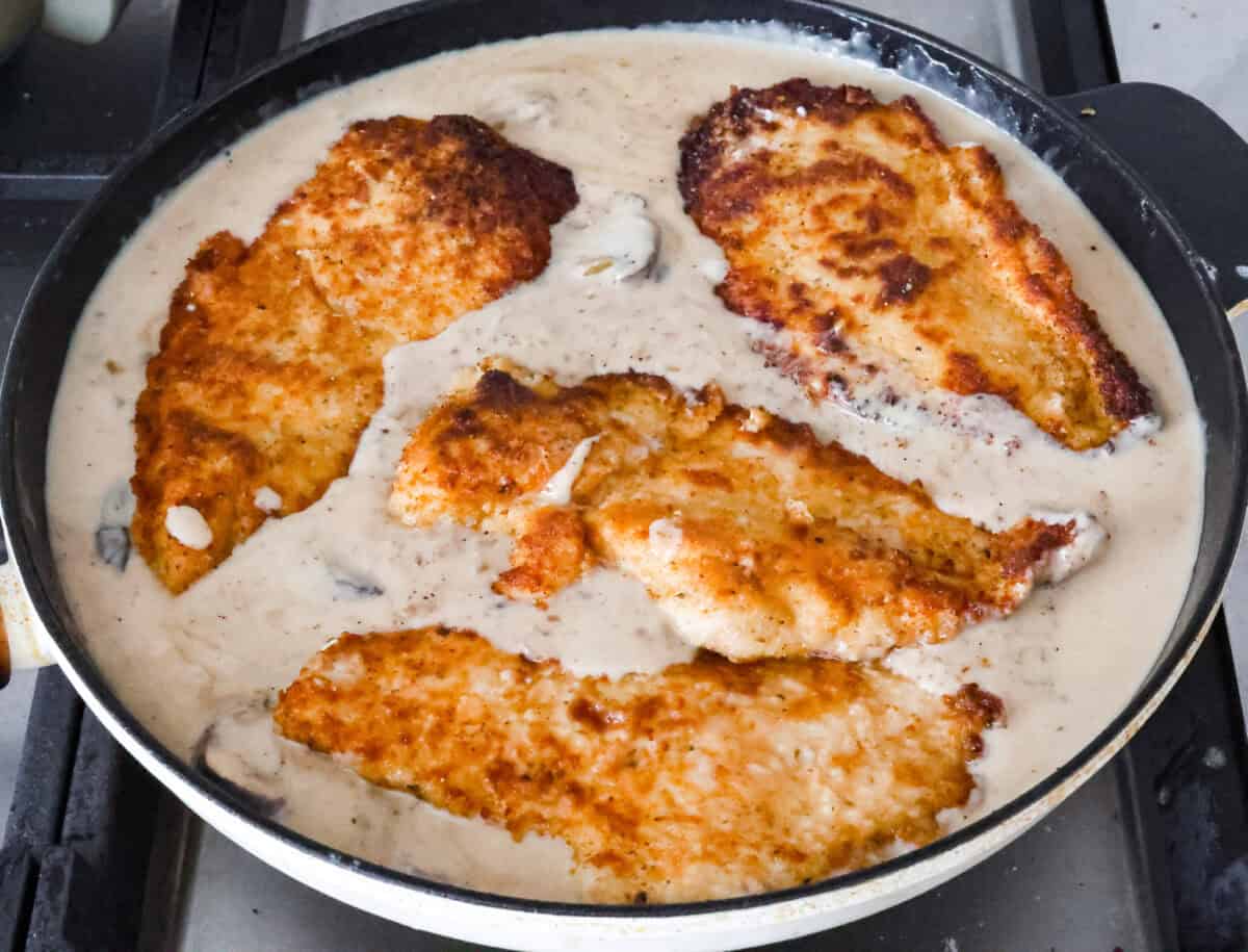 Overhead shot of breaded, cooked chicken in gravy sauce. 