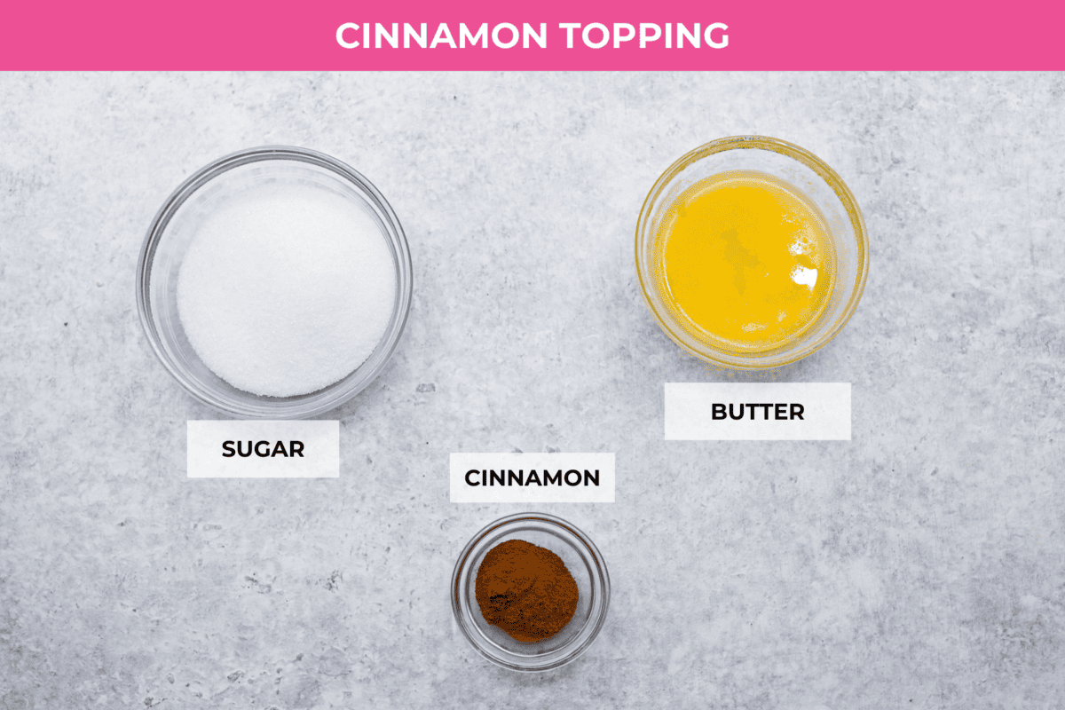 Overhead shot of labeled cinnamon topping ingredients. 