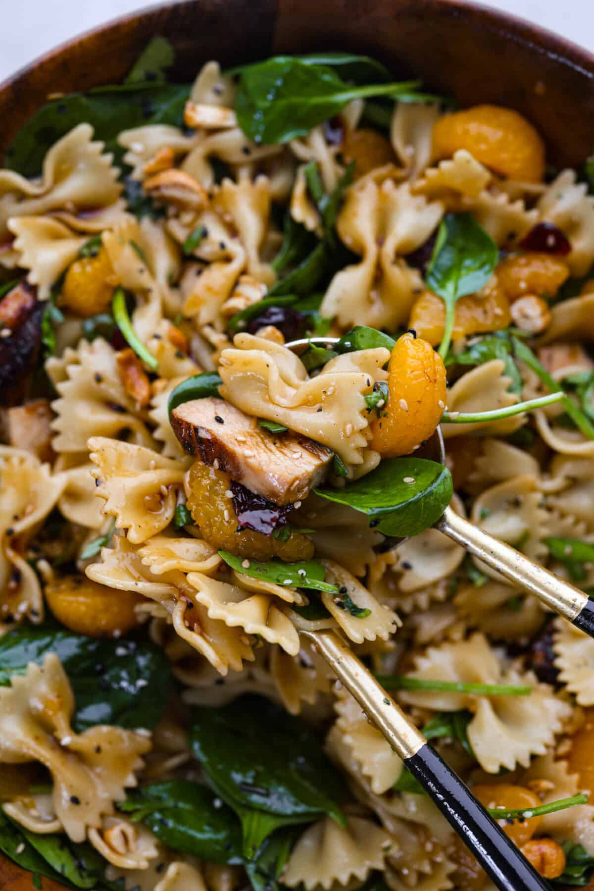 Closeup of a serving of pasta salad.