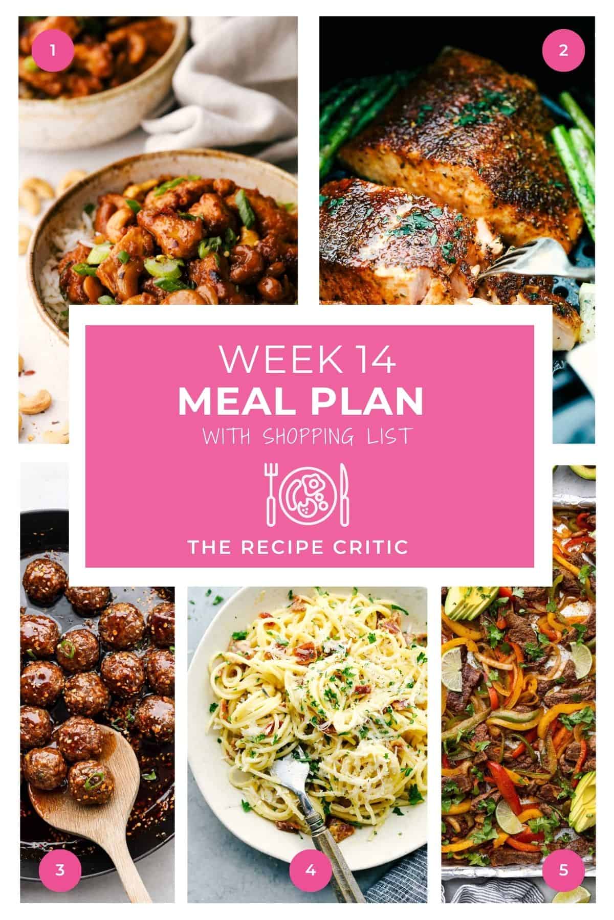 A collage of 5 recipes with a graphic that says weekly meal plan #14