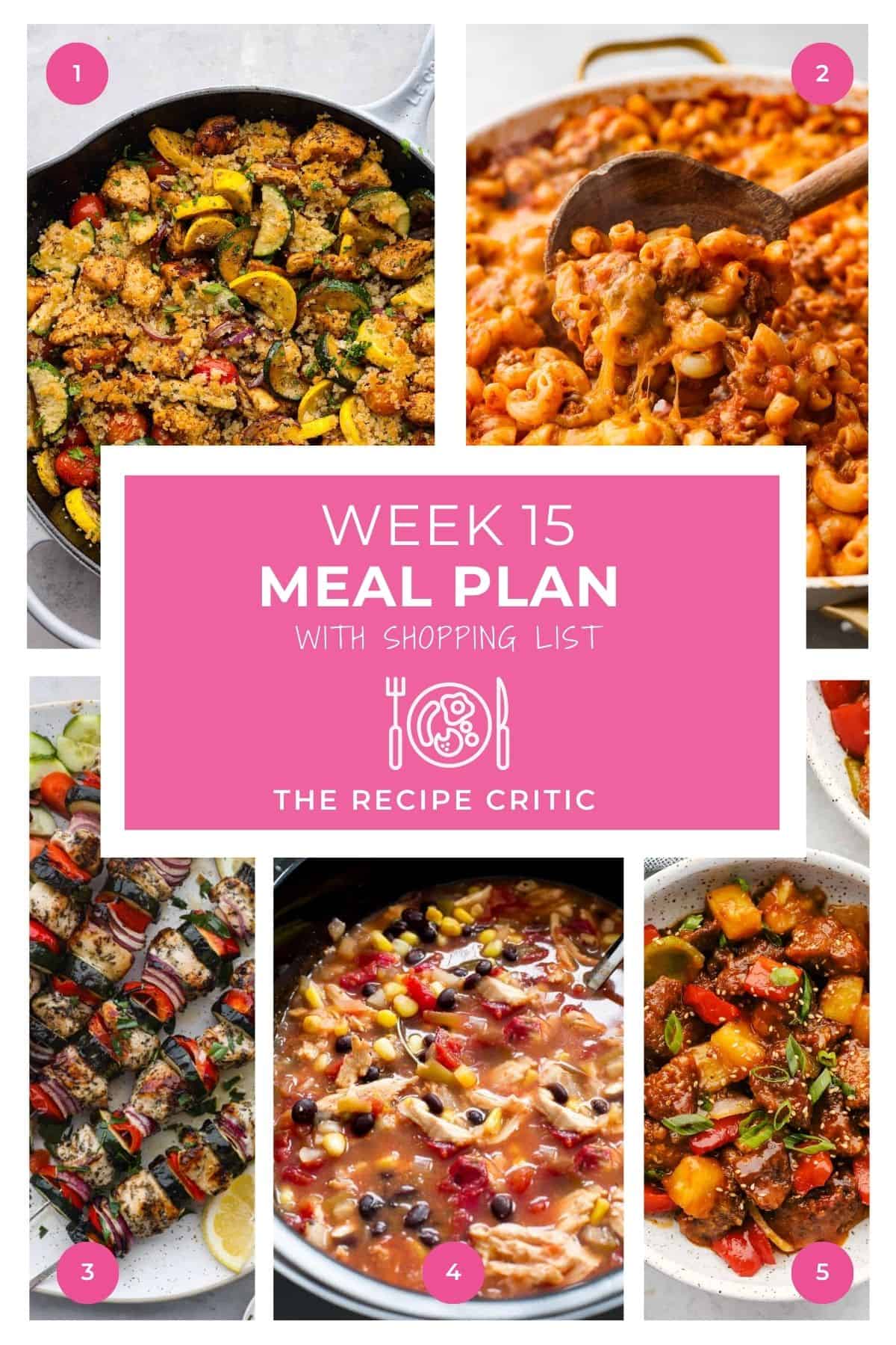 A collage of 5 photos with the text weekly meal plan 15 with shopping list