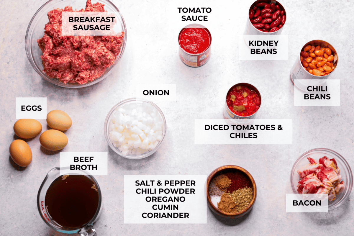 Overhead shot of labeled ingredients. 