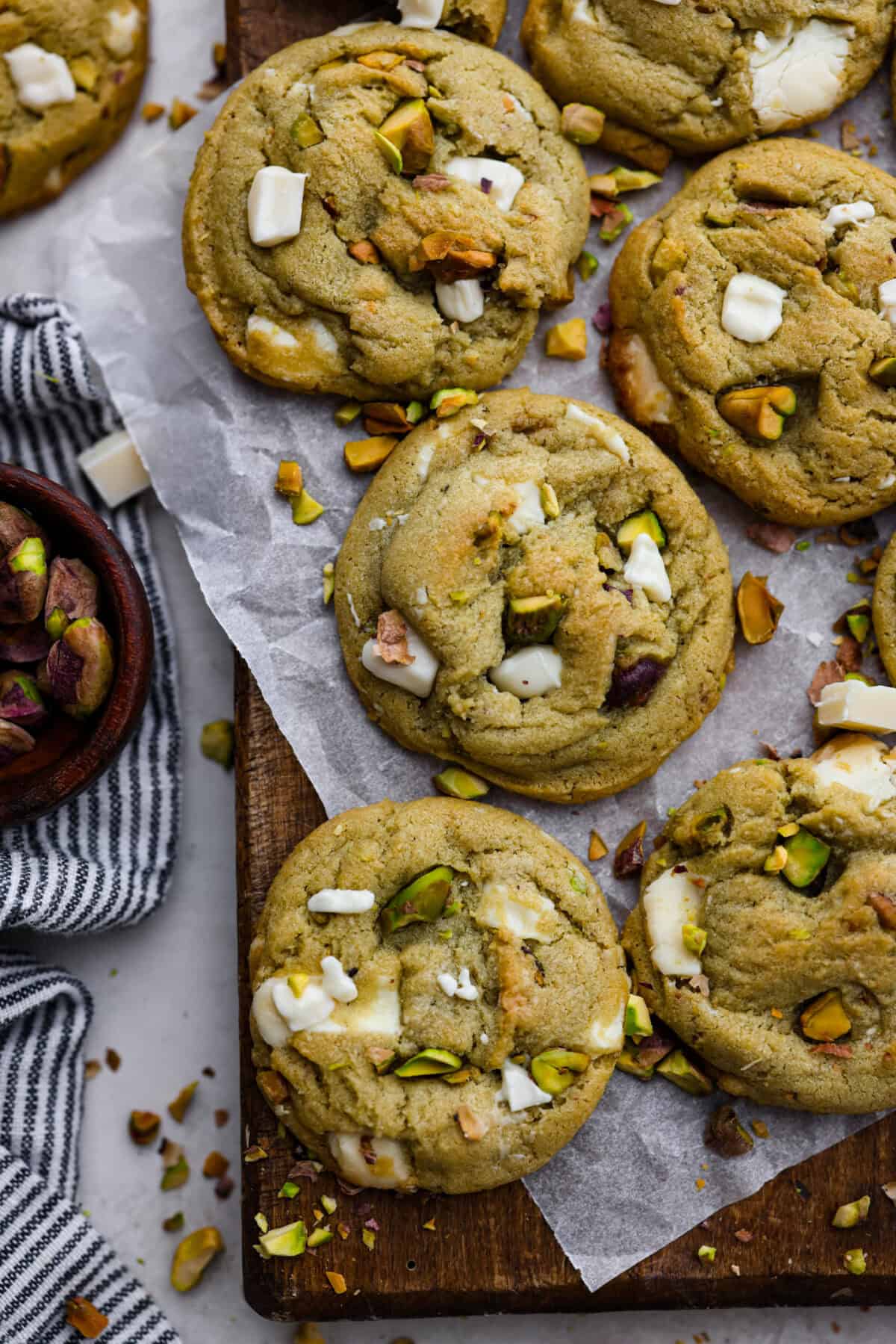 Overhead shot of baked pistachio pudding cookies. 