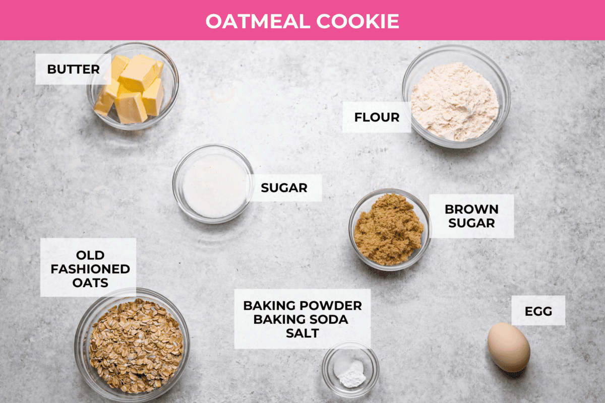 Overhead shot of labeled oatmeal cookie ingredients. 