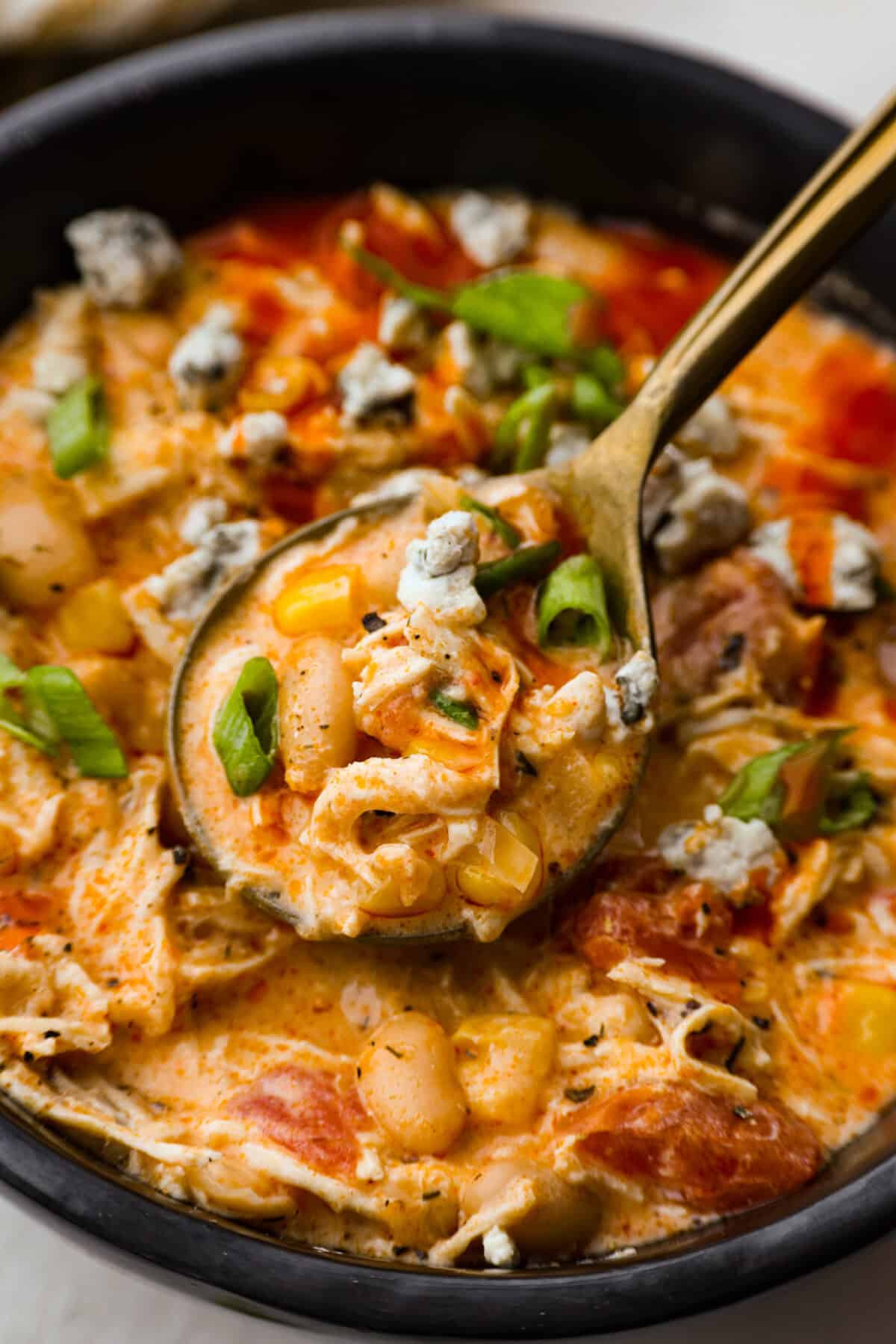 Close up shot of crockpot buffalo chicken chili. 