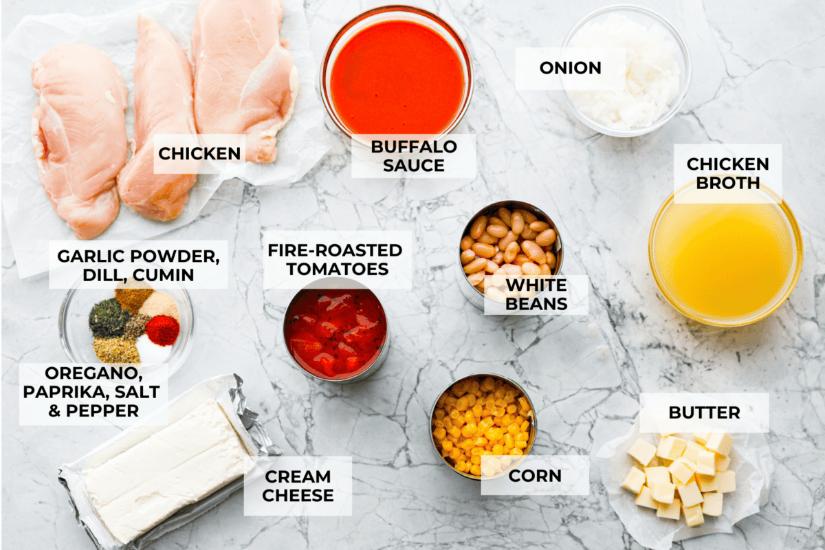 Overhead shot of labeled ingredients.