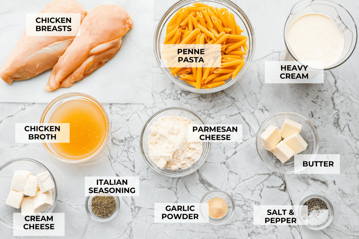 Overhead shot of labeled ingredients. 