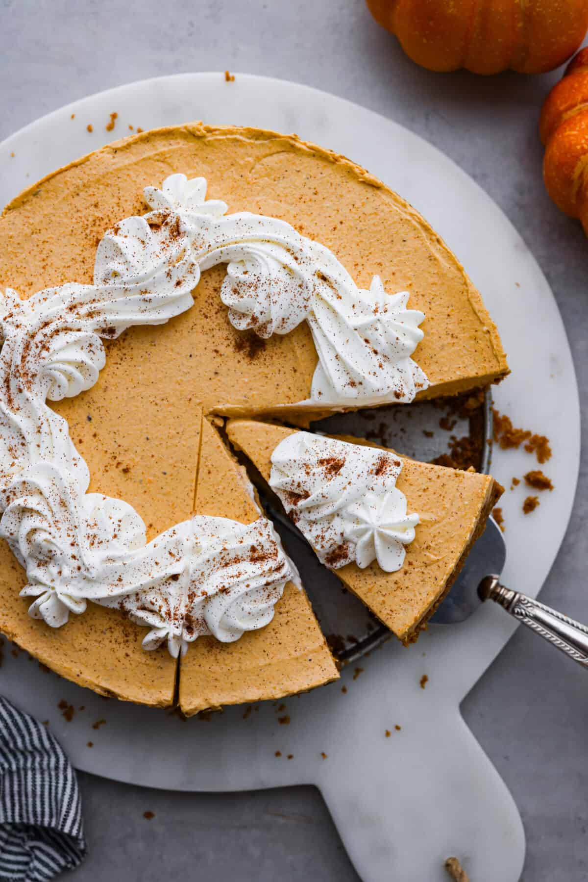 Overhead shot of no-bake pumpkin cheesecake. 