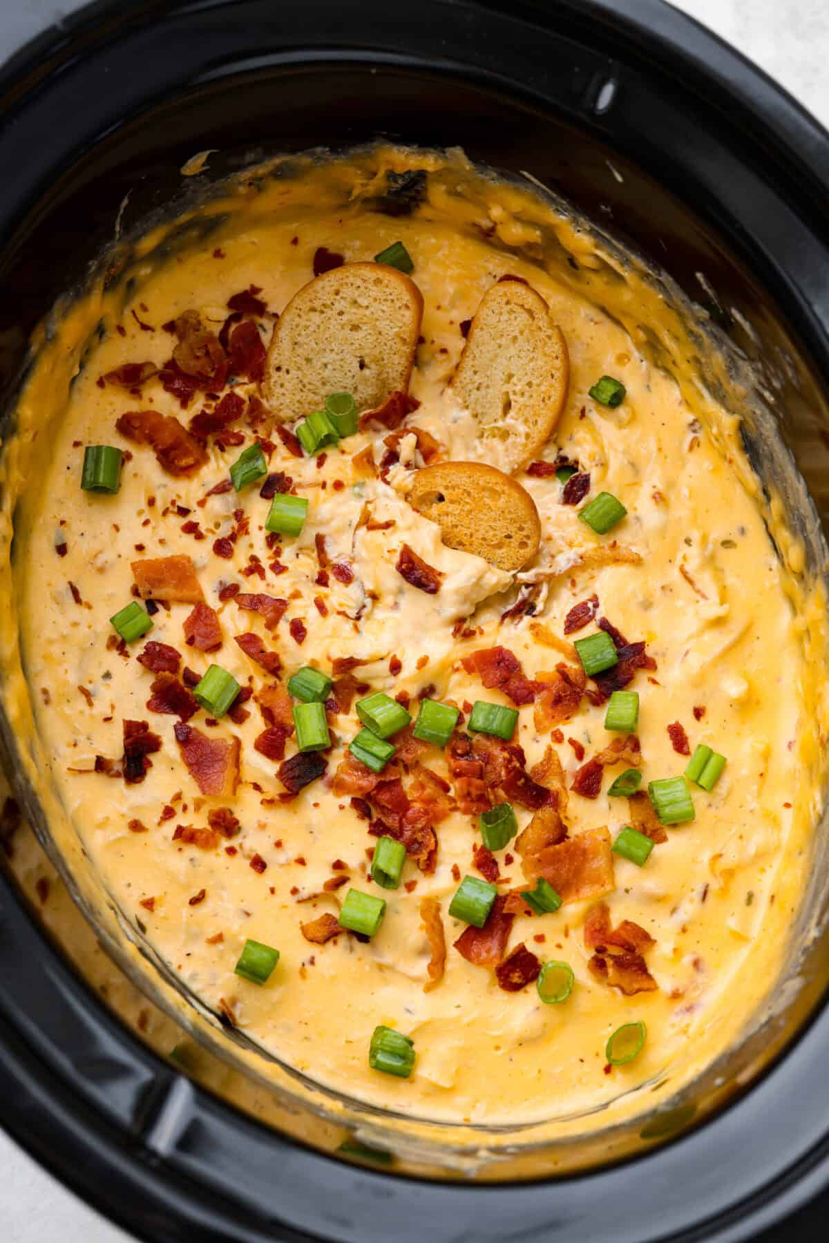 Overhead shot of slow cooker crack chicken dip garnished with bacon pieces and green onion. 