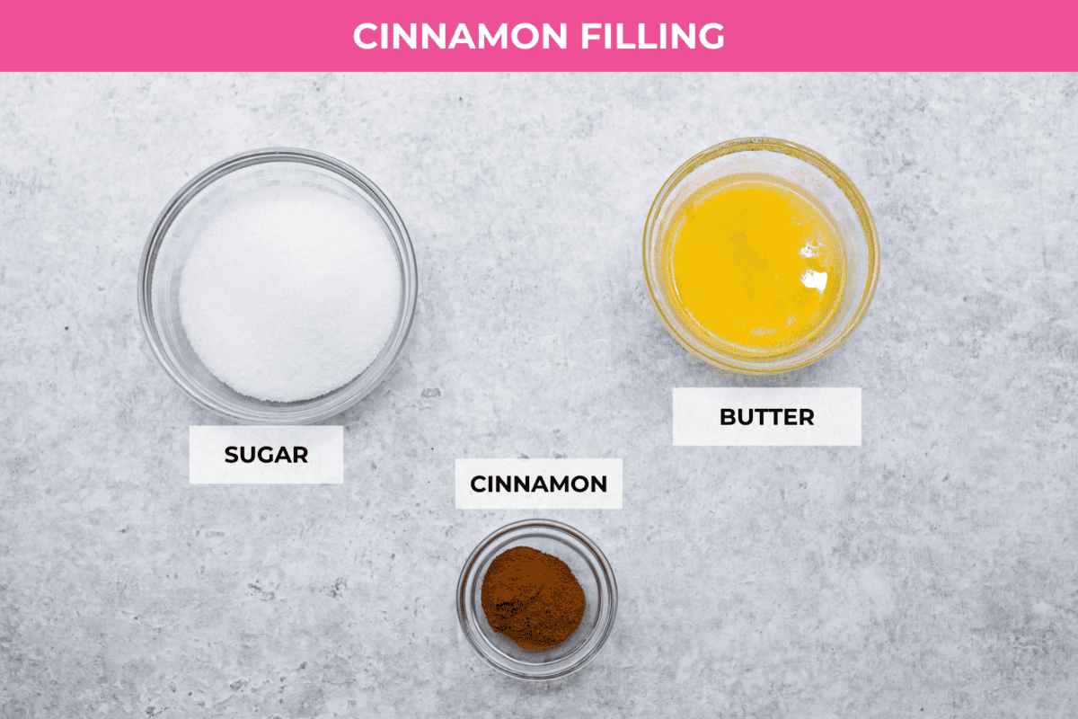 Overhead shot of labeled cinnamon filing ingredients. 