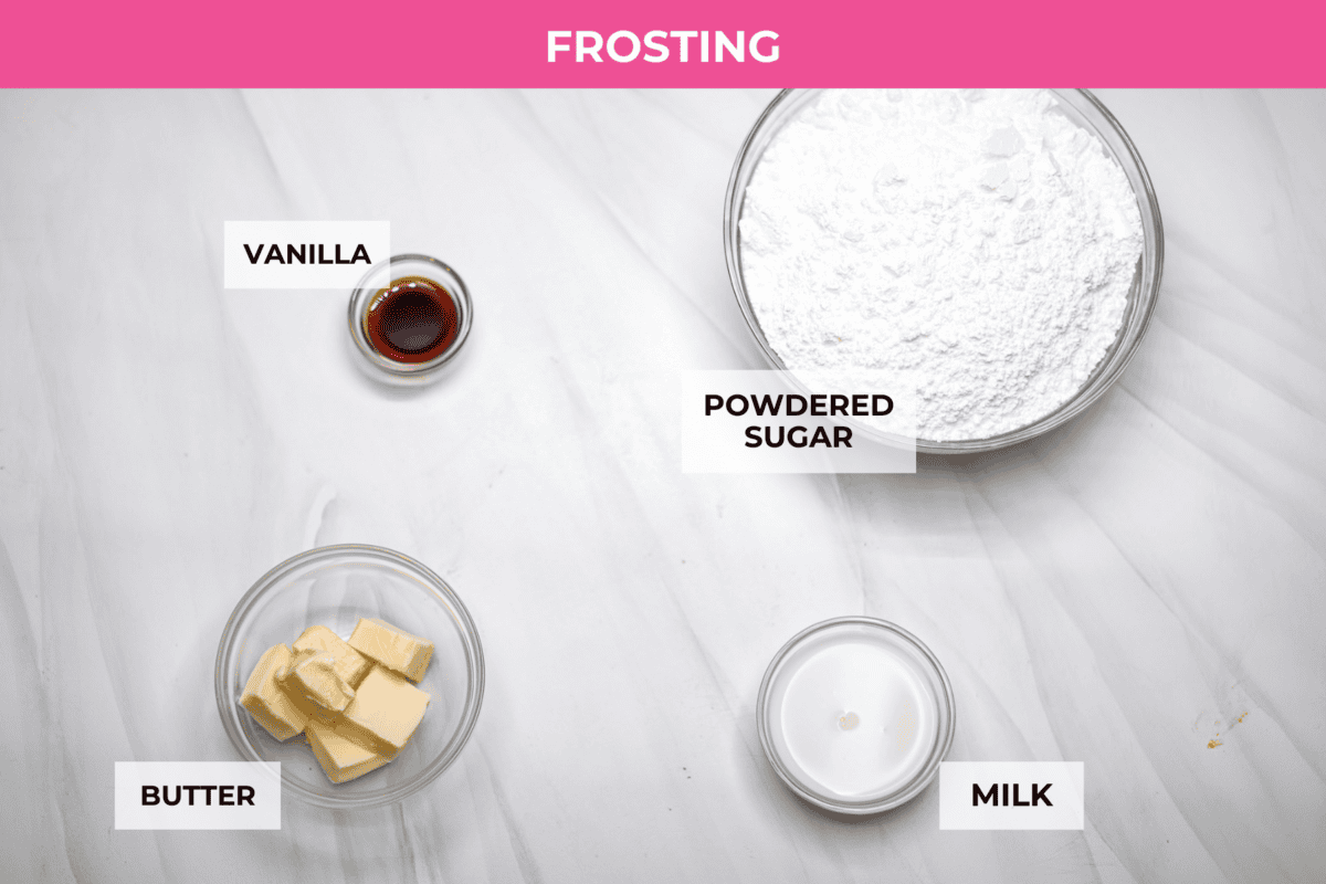 Overhead shot of labeled frosting ingredients. 