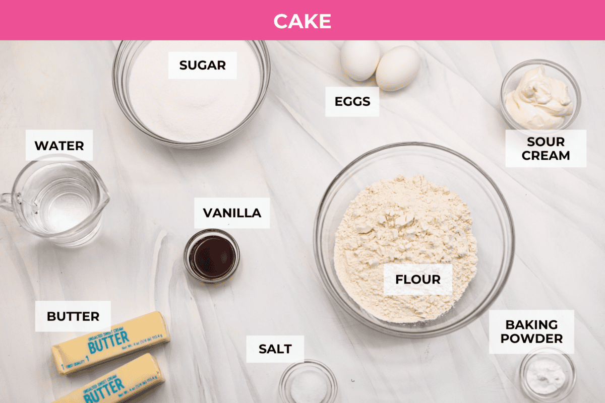 Overhead shot of labeled cake ingredients. 