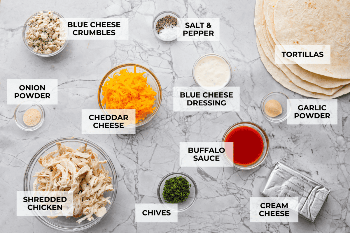 Ingredients listed to make buffalo chicken pinwheels