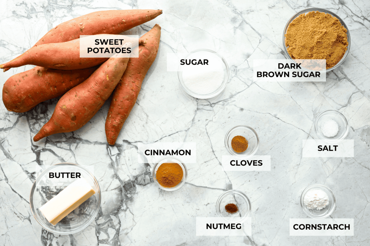 Overhead shot of labeled ingredients.