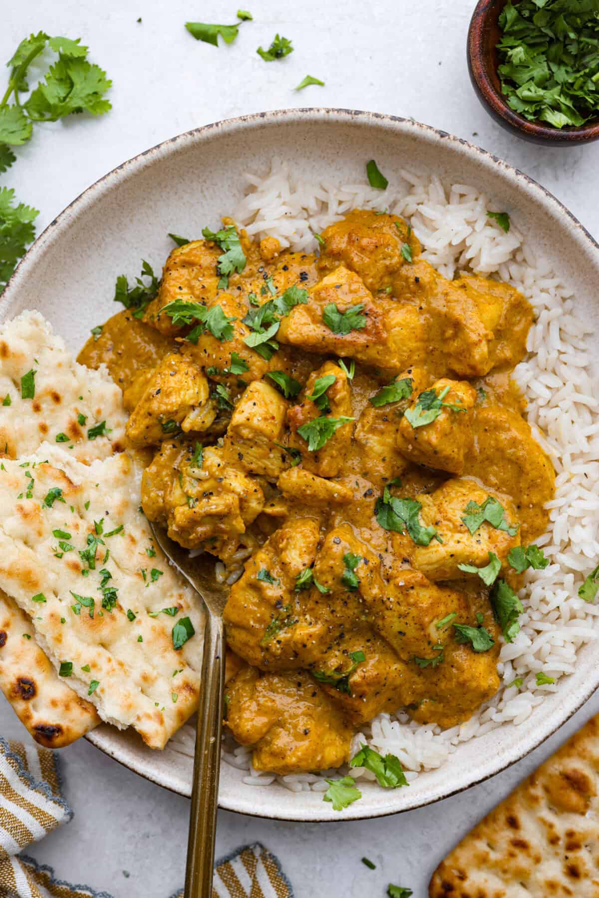 Overhead shot of plated chicken korma over rice with naan. 