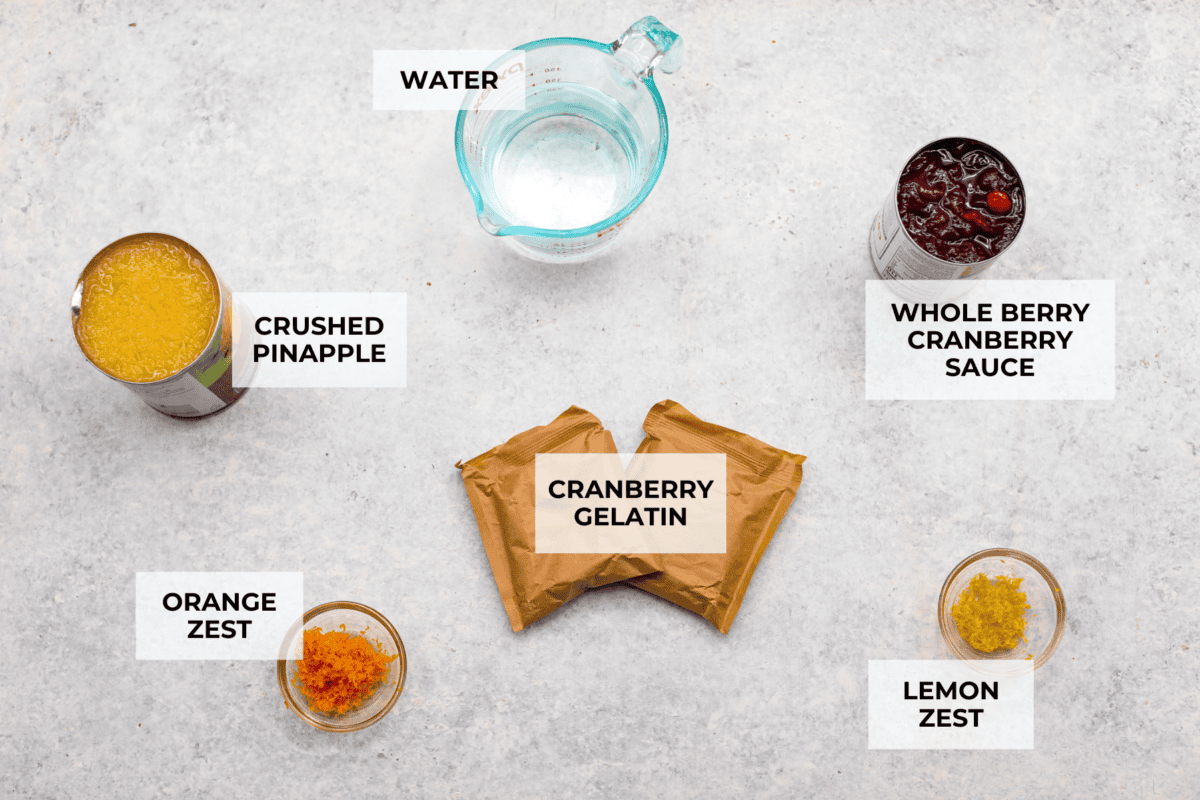 Overhead shot of labeled ingredients. 