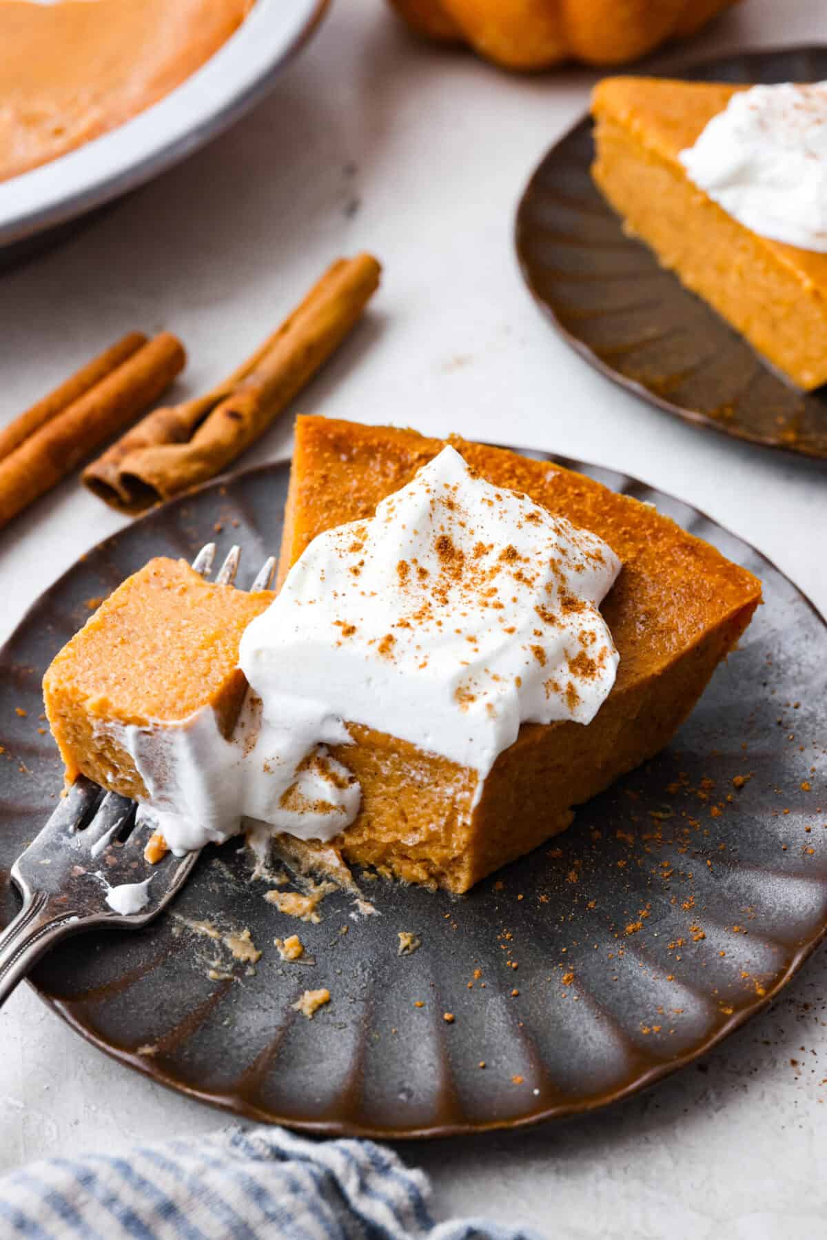 Angle shot of a plated slice of crustless pumpkin pie with whipped topping and a bite taken out.