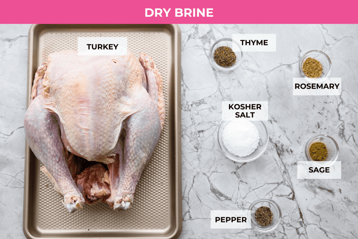 Overhead shot of labeled dry brine ingredients. 