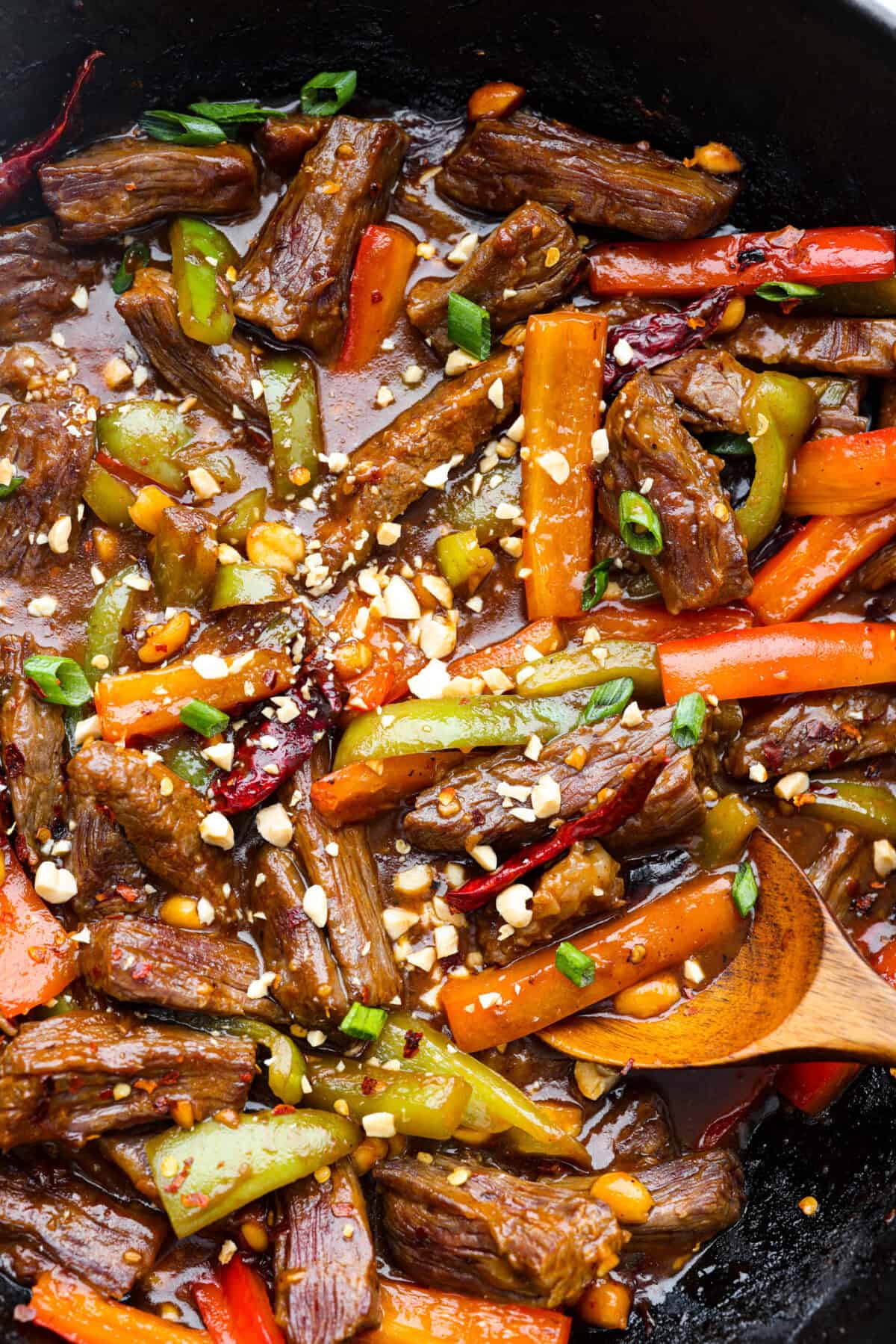 Close up shot of Kung Pao Beef. 