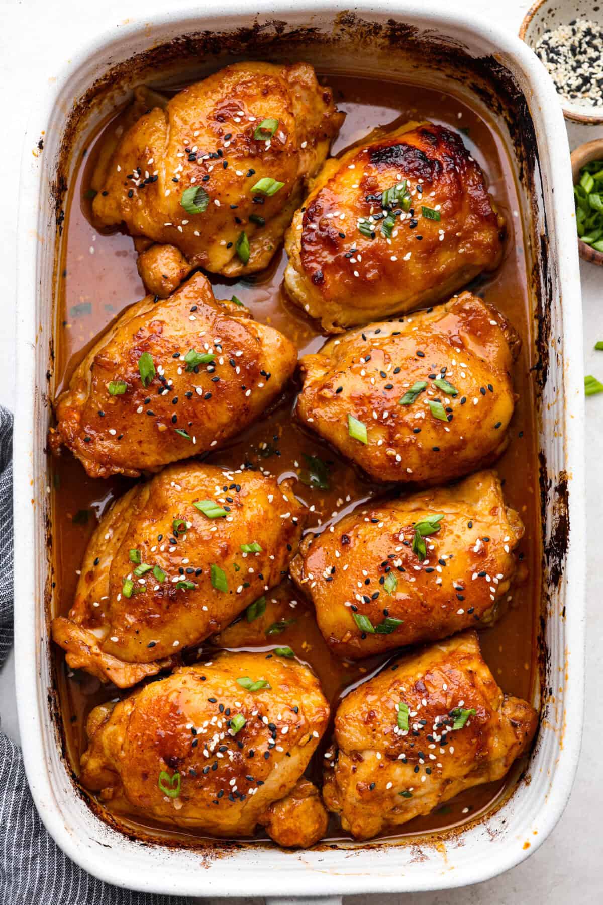 Overhead shot of miso chicken cooked in a baking dish. 