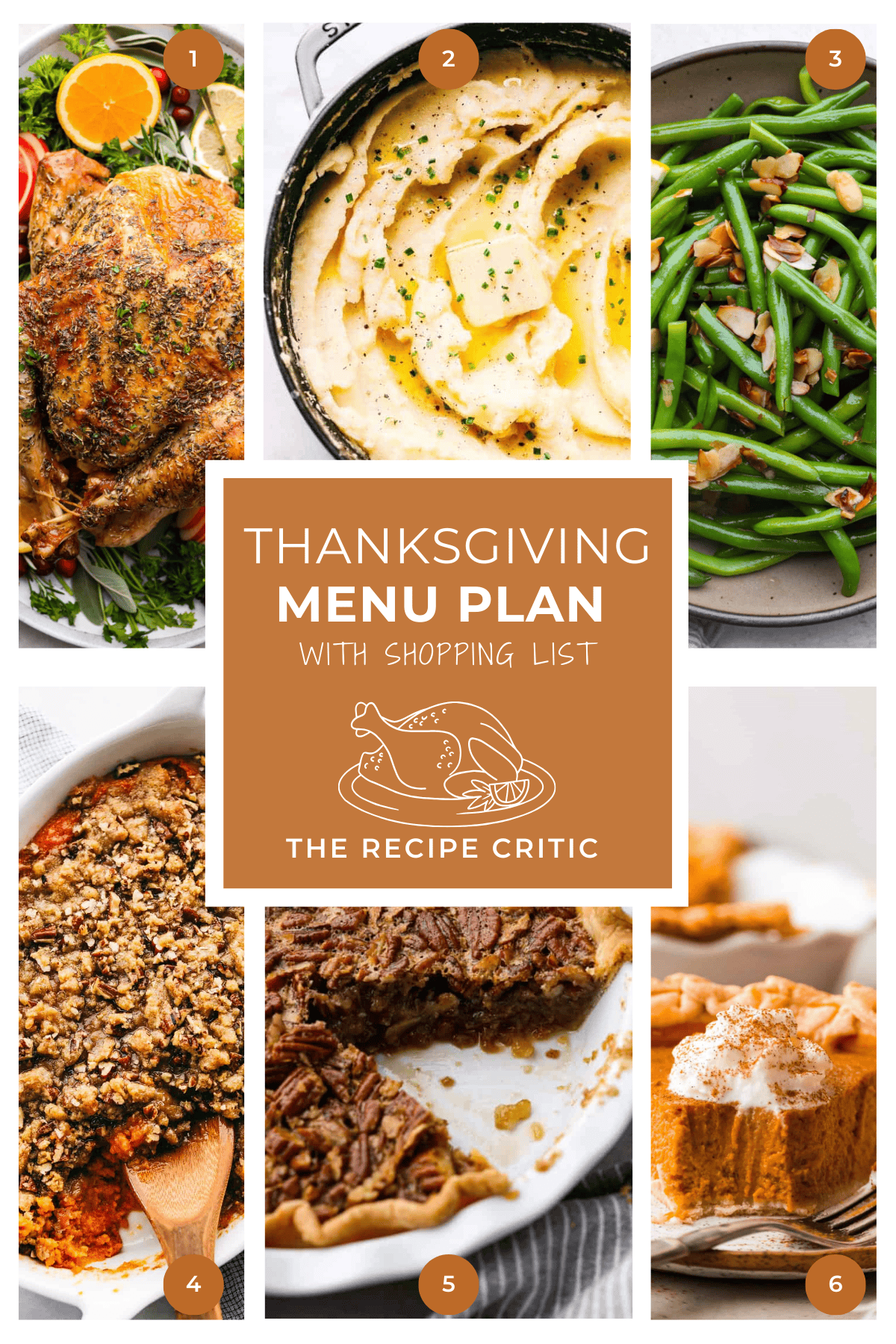 A collage with 6 photos of thanksgiving recipes and a graphic that says Thanksgiving Meal plan with shipping list. 