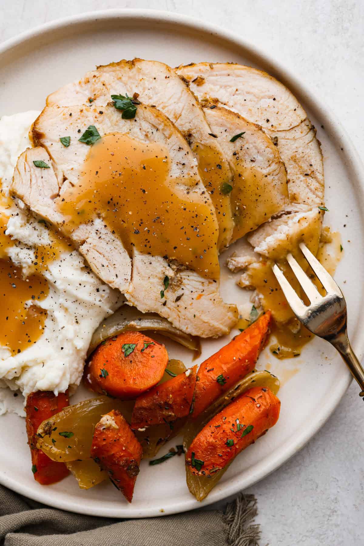 Overhead shot of plated slow cooker turkey with gravy and vegetables. 