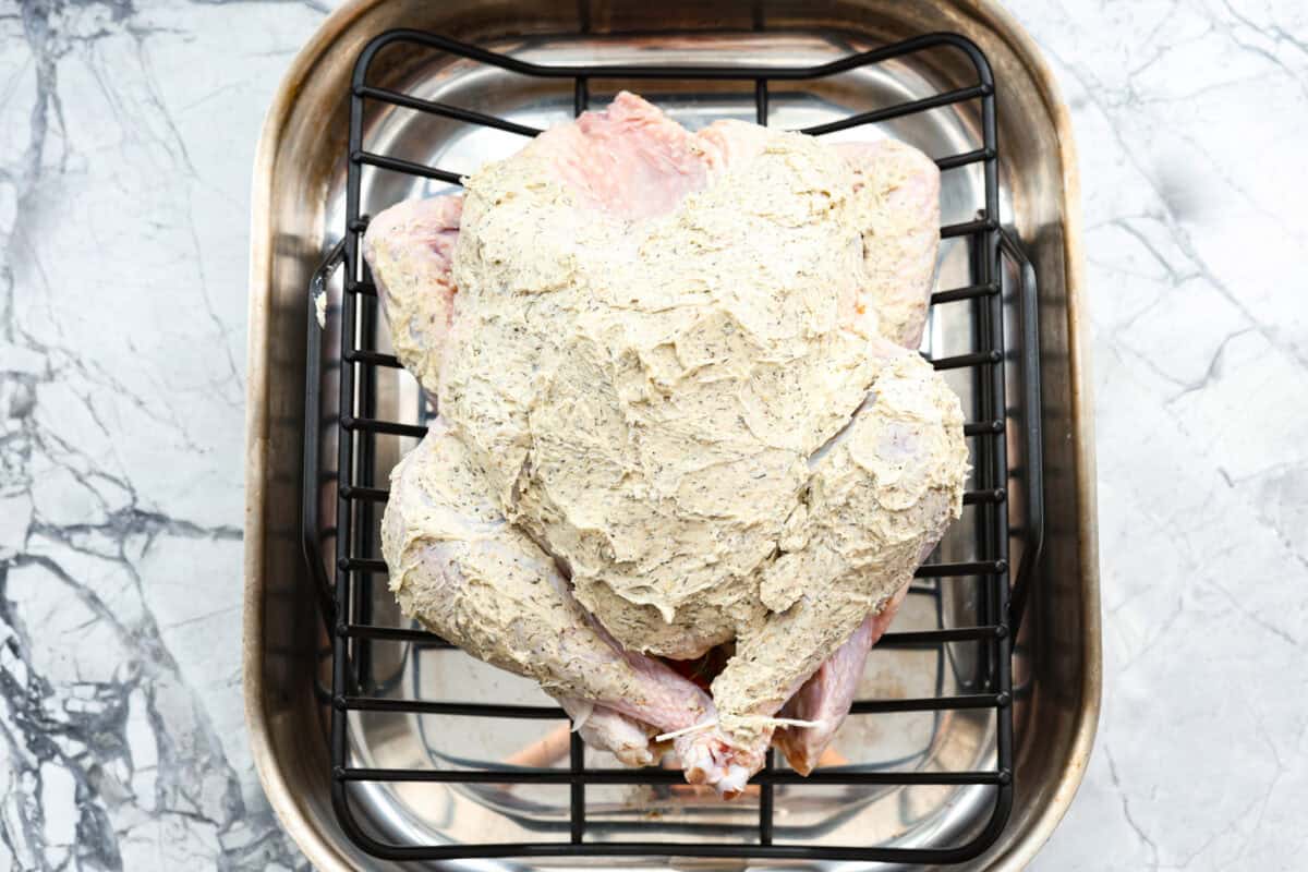 Tenth photo of the turkey placed in a roasting pan.