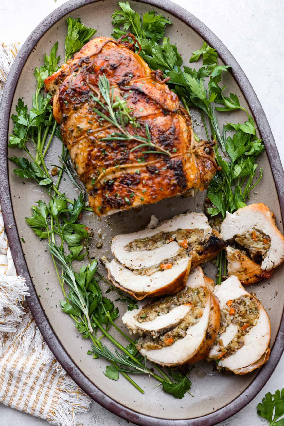 Top view of turkey roulade on a platter.