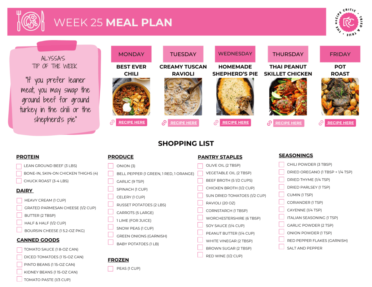 A pdf of a meal plan with recipes and shipping list. 