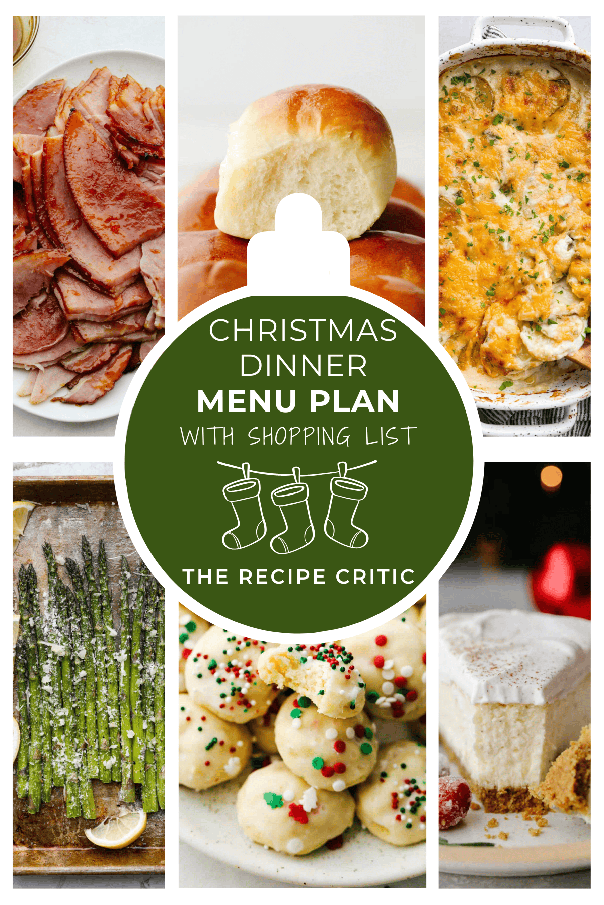 A collage of 6 Christmas dinner recipes and a graphic that says "Christmas dinner menu and shopping list" 