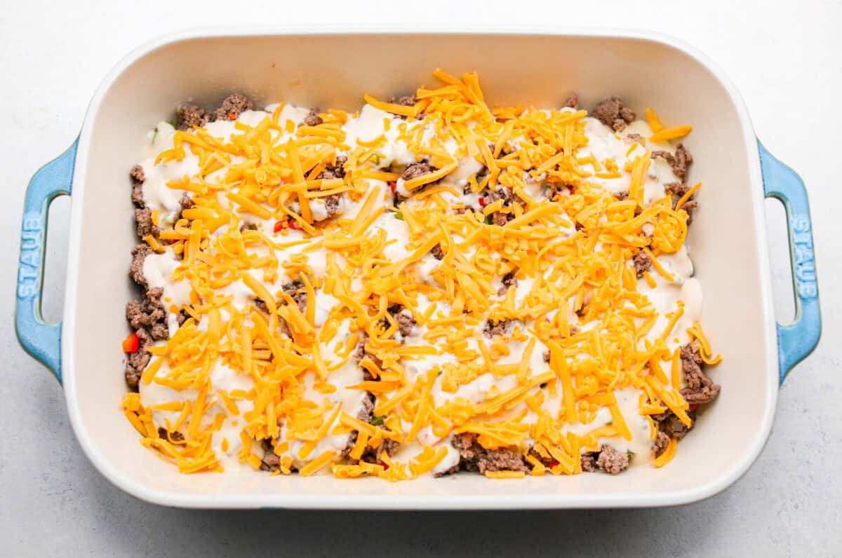 Overhead shot of cheese sprinkled over the top of the other ingredients. 