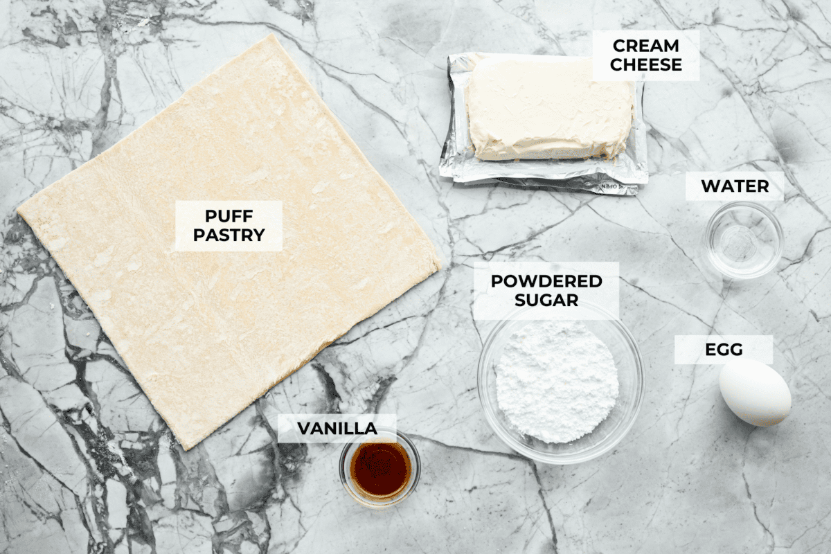 Overhead shot of labeled ingredients.