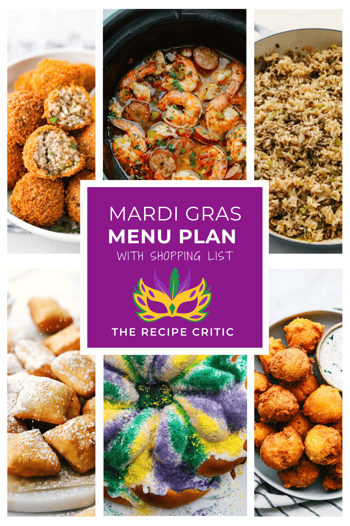 A collage of 6 pictures of Mardi Gras recipes.
