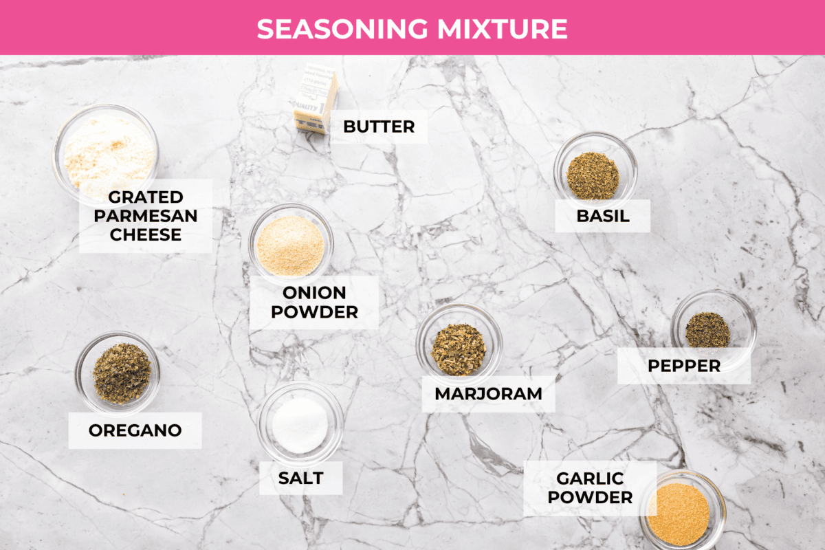 Overhead shot of labeled pizza hut breadsticks seasoning ingredients. 