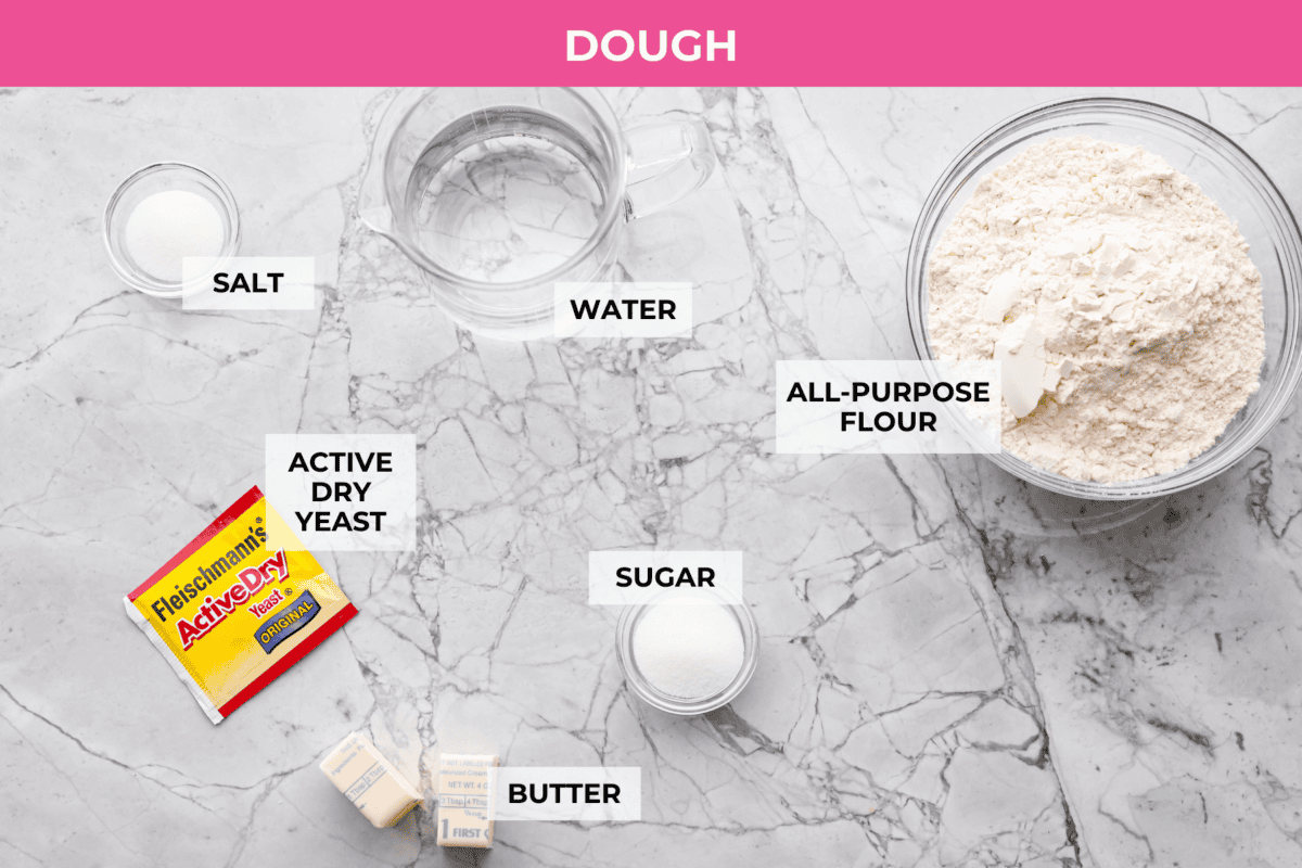 Overhead shot of labeled pizza hut breadsticks dough ingredients. 