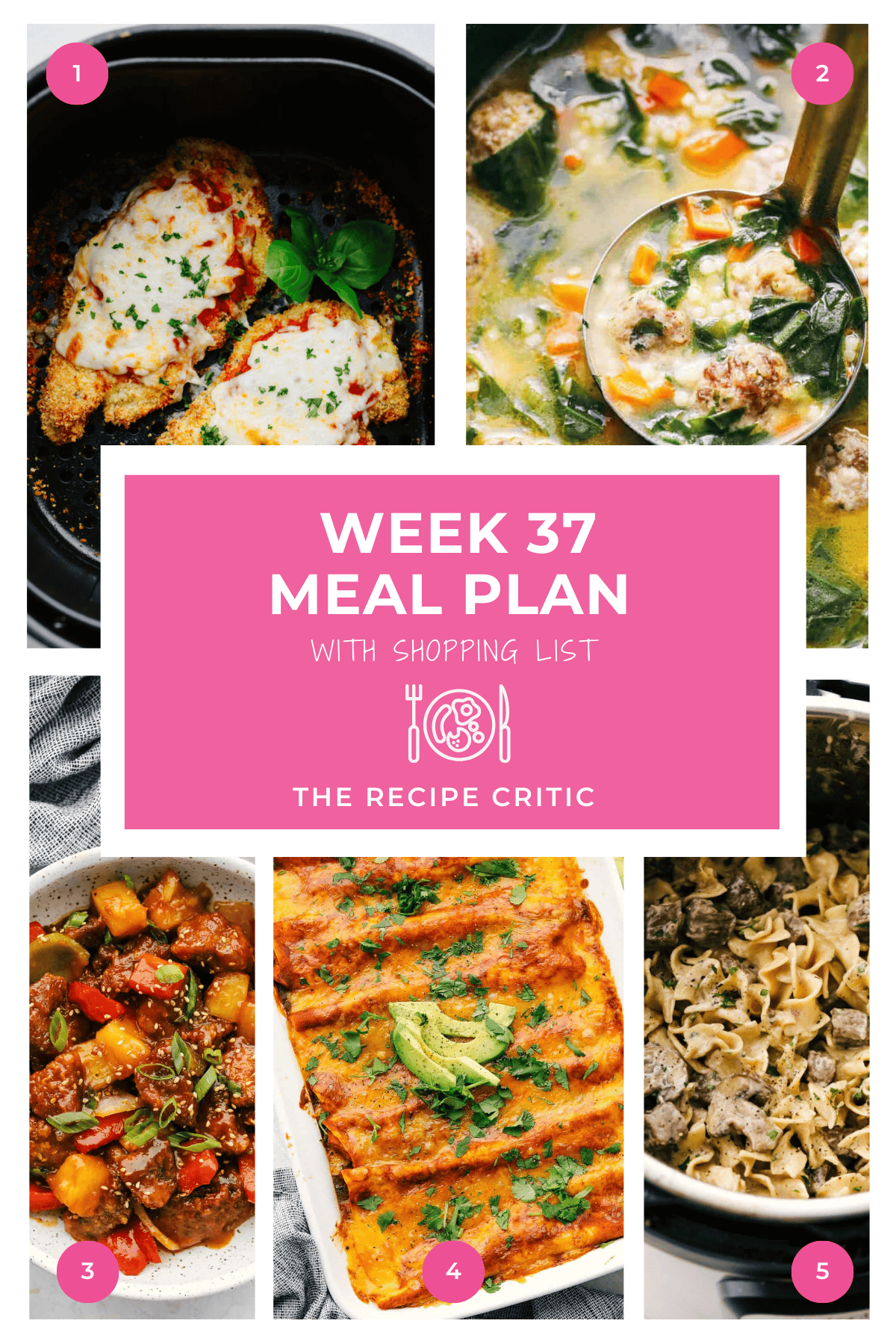 A collage of 5 recipe photos with a graphic that says "week 37 meal plan with shopping list" 