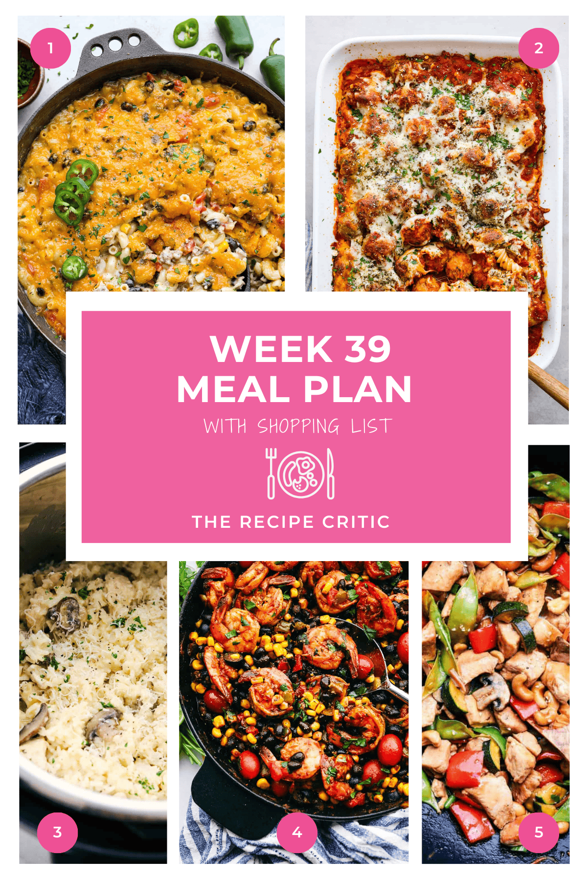 A collage of 5 images and a graphic that says week 39 meal plpan with shopping list. 