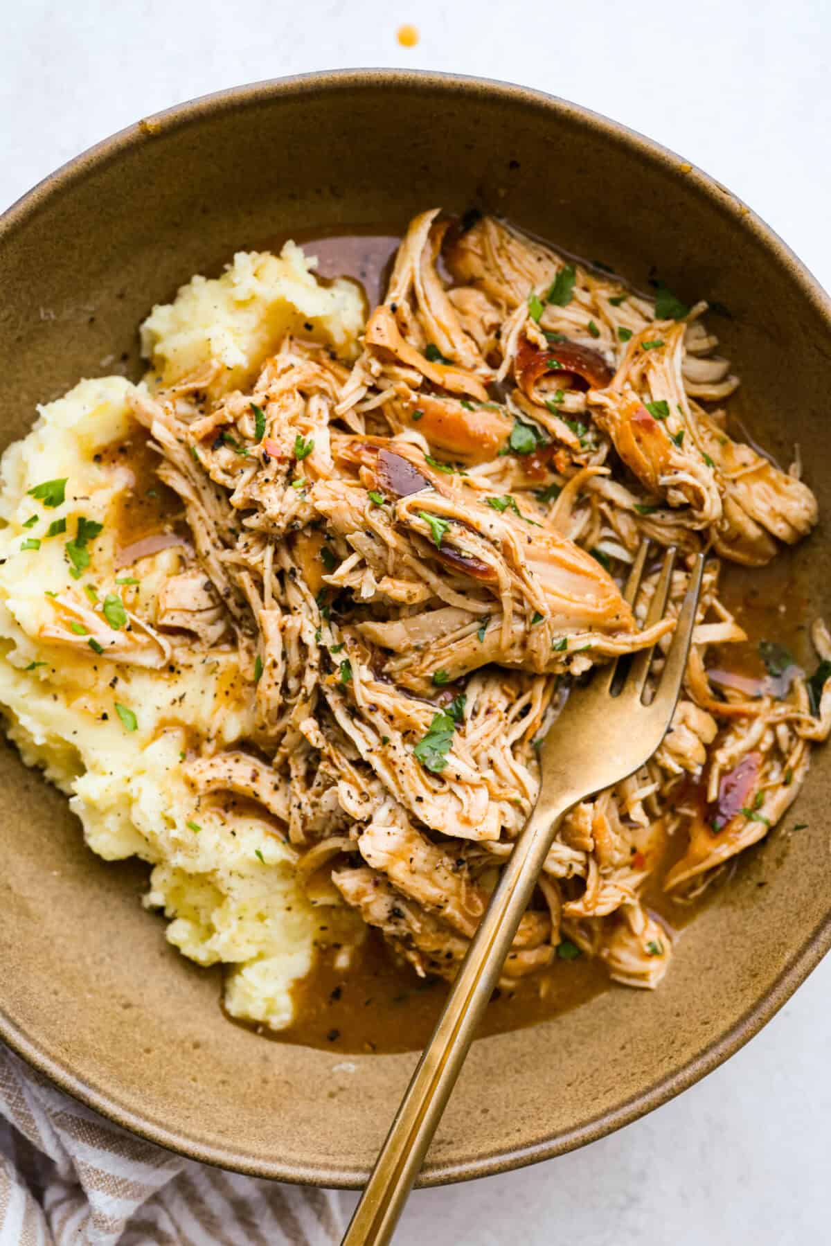 3 packet crockpot chicken on a plate with mashed potatoes. 