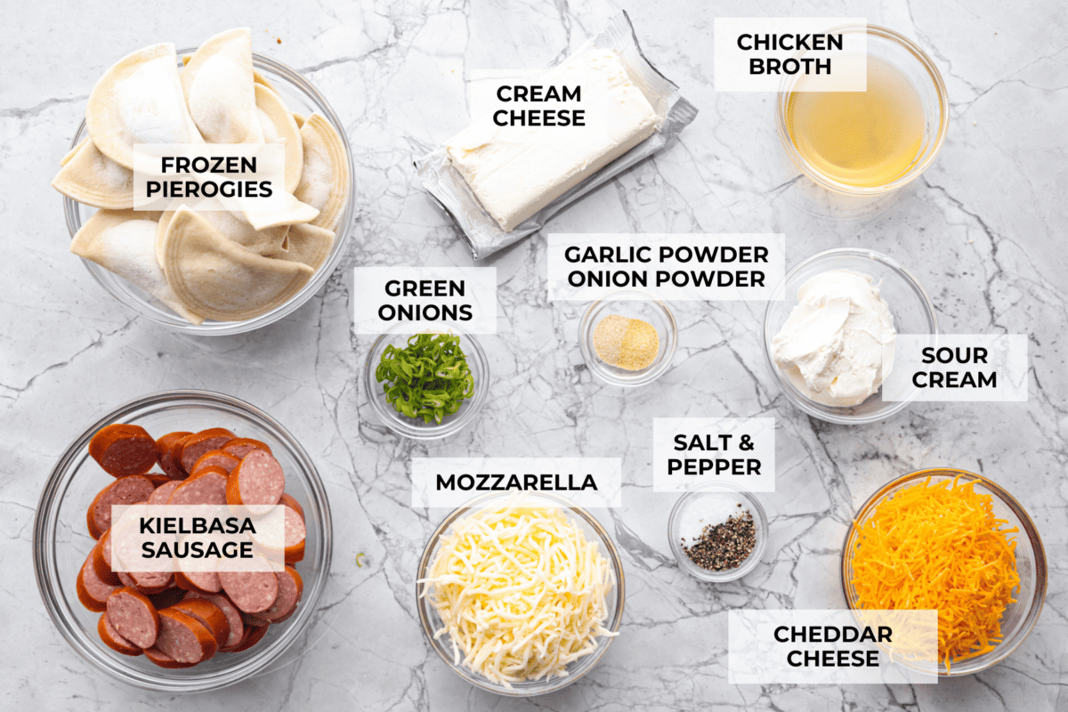 Overhead shot of labeled ingredients. 