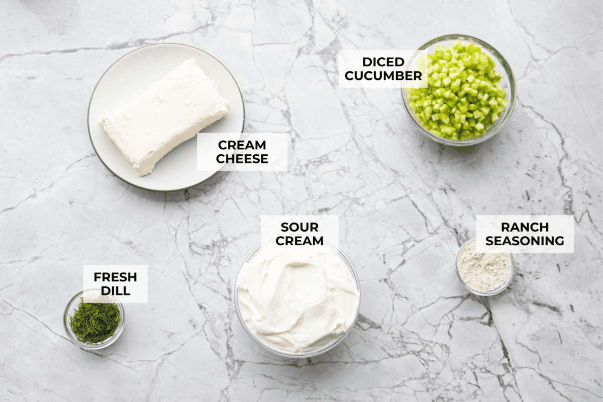 Overhead shot of labeled ingredients. 